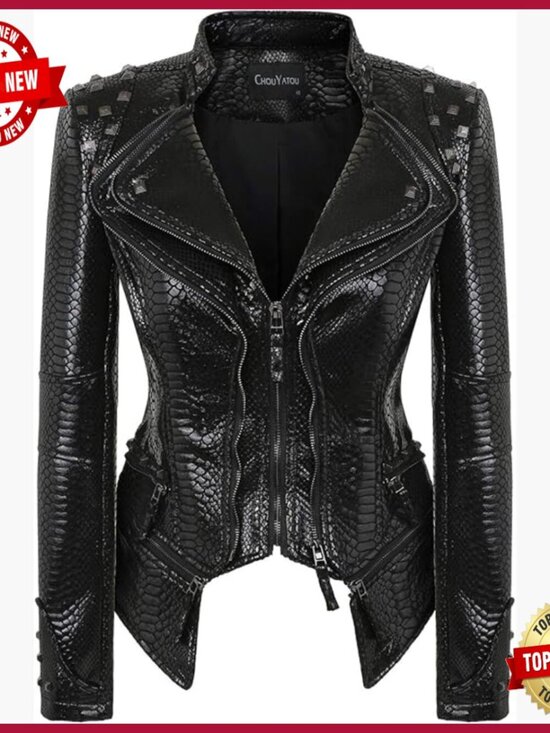 Jackets & Blazers - Slim Fit Faux Leather Moto Jacket with Snake Print Studded Details